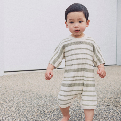 Slouchy Rib Knit Romper - Sage Stripe