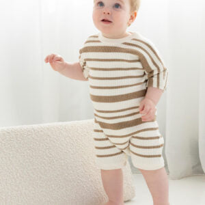 Slouchy Rib Knit Romper - Camel Stripe