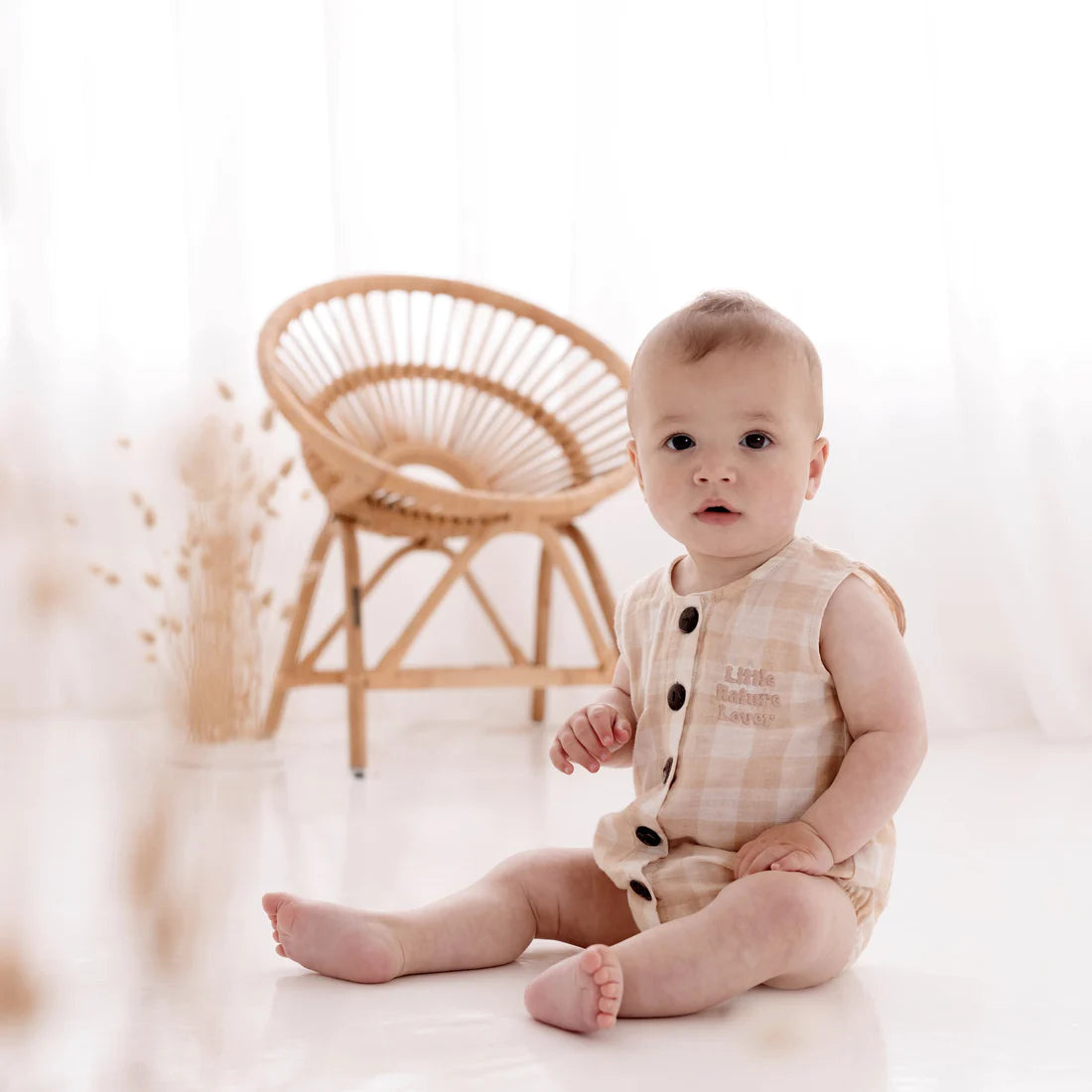 Gingham Bubble Romper – Taupe