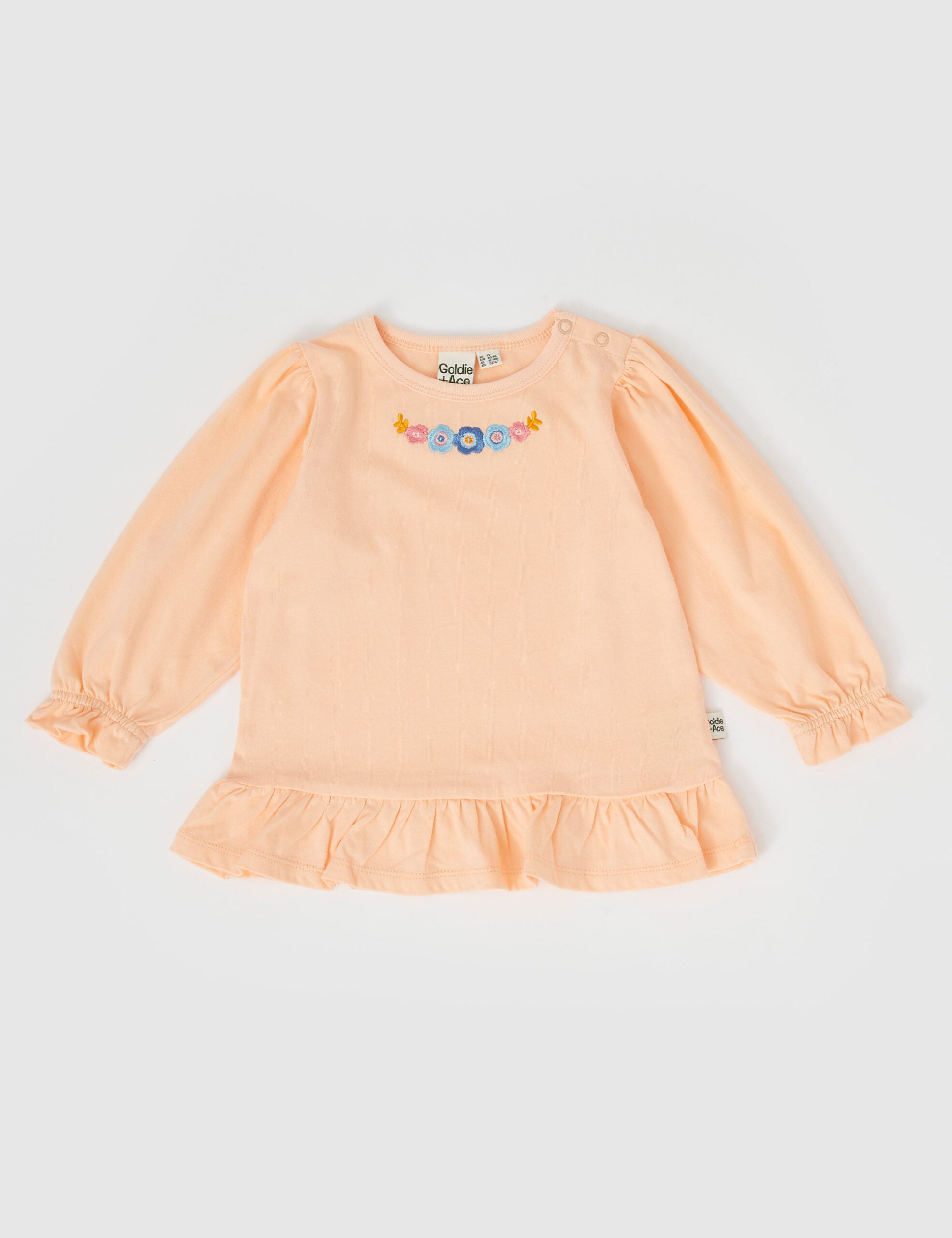 Isla Embroidered Frill Hem Top – Peach