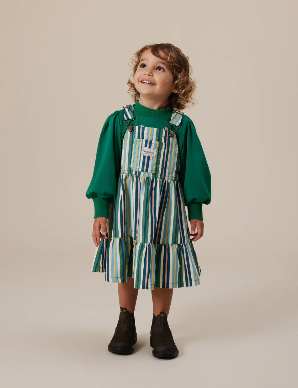 Tully Tiered Pinafore Dress Stripe - Evergreen
